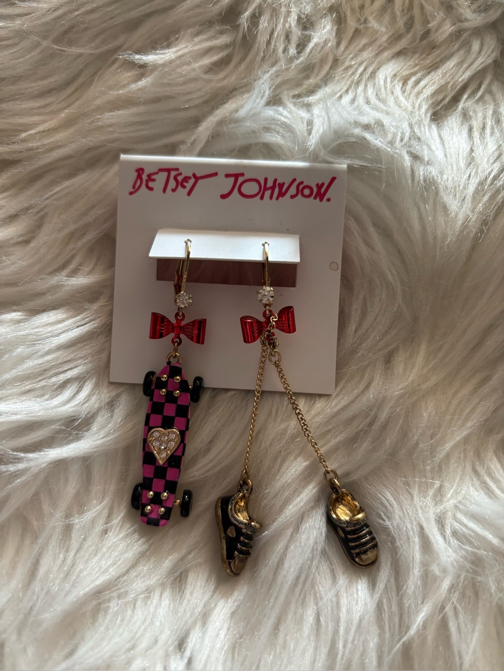 Betsey Johnson Pink Checkerboard Skateboard & Gold Sneaker Dangle Earrings